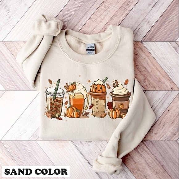 Cute Fall Coffee Sweatshirt Fall Coffee Lover Halloween Pumpkin Latte Drink Cup - Picture 1 of 4